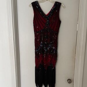 Elegant Red and Black Beaded Mini Dress